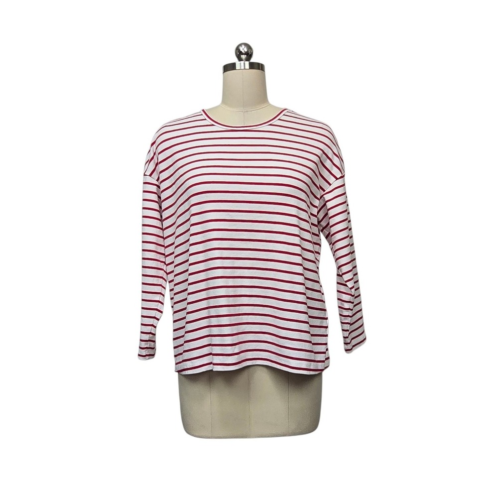 J.McLaughlin Womens Red White Striped Long Sleeve Crew Neck Cotton Tee sz Medium